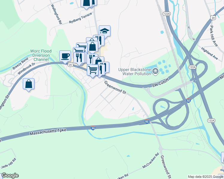 map of restaurants, bars, coffee shops, grocery stores, and more near 354-1/2 Greenwood Street in Millbury