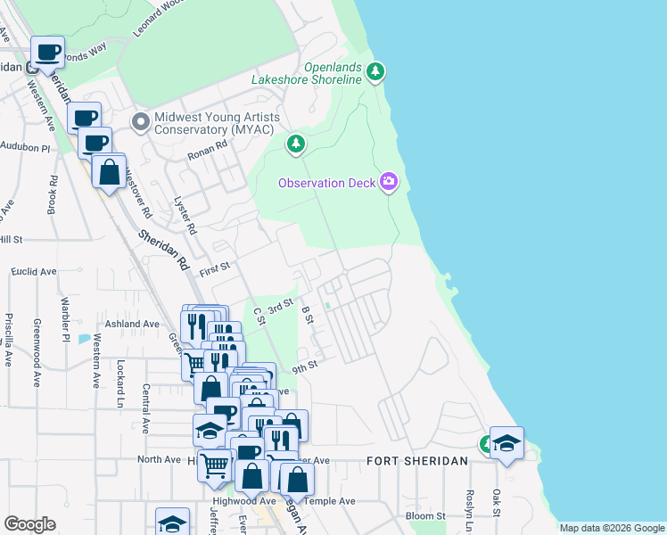 map of restaurants, bars, coffee shops, grocery stores, and more near McKibbin Street in Highland Park