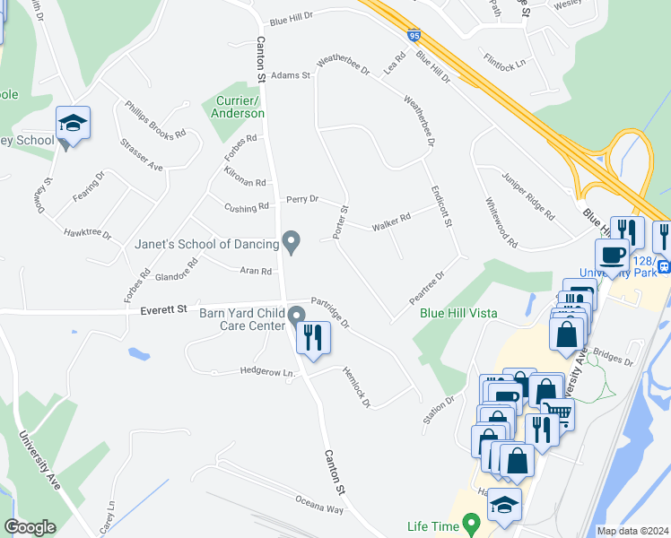 map of restaurants, bars, coffee shops, grocery stores, and more near 149 Porter Street in Westwood