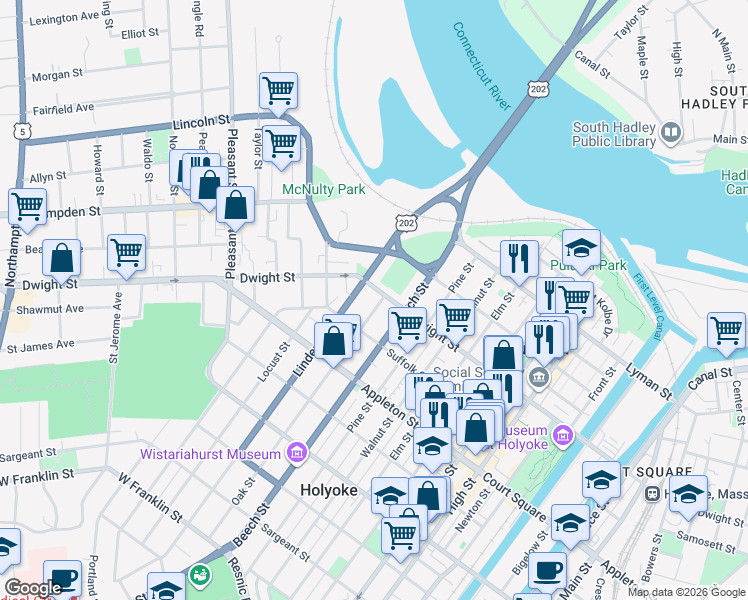 map of restaurants, bars, coffee shops, grocery stores, and more near 68 Linden Street in Holyoke