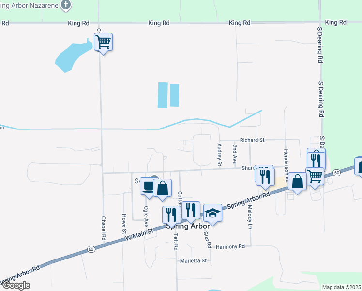 map of restaurants, bars, coffee shops, grocery stores, and more near 312 West Arbor View Drive in Spring Arbor
