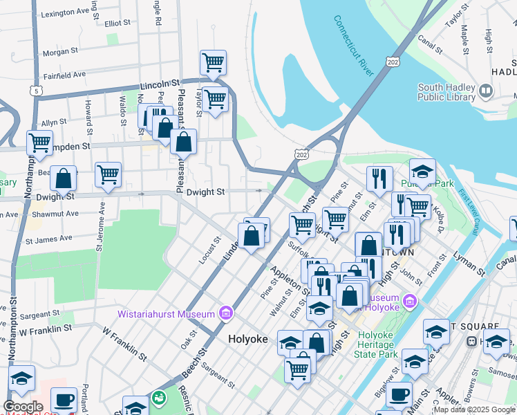 map of restaurants, bars, coffee shops, grocery stores, and more near 69 Linden Street in Holyoke
