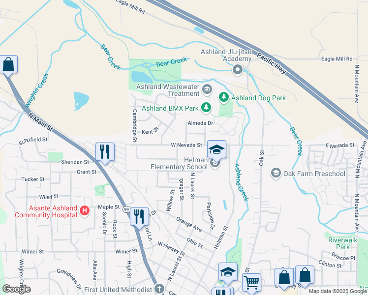 map of restaurants, bars, coffee shops, grocery stores, and more near 212 West Nevada Street in Ashland