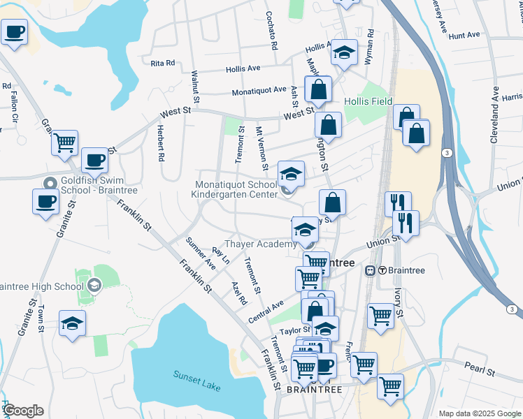 map of restaurants, bars, coffee shops, grocery stores, and more near 104 Academy Street in Braintree