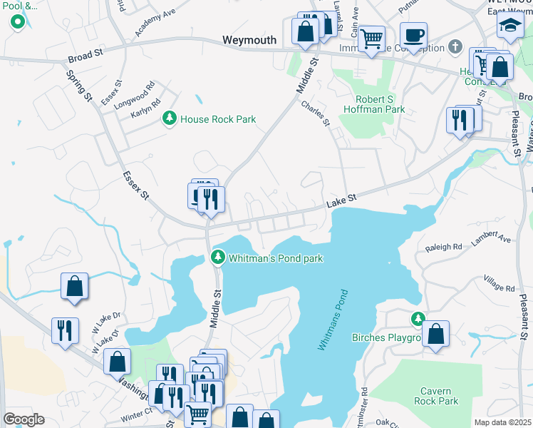 map of restaurants, bars, coffee shops, grocery stores, and more near 252 Lake Street in Weymouth