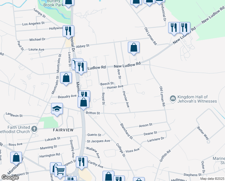 map of restaurants, bars, coffee shops, grocery stores, and more near 1-49 Homer Avenue in Chicopee
