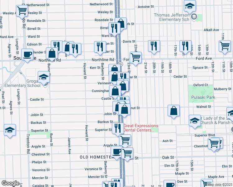 map of restaurants, bars, coffee shops, grocery stores, and more near 13430 Fort Street in Southgate