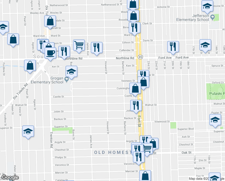 map of restaurants, bars, coffee shops, grocery stores, and more near 13033 Cunningham Street in Southgate