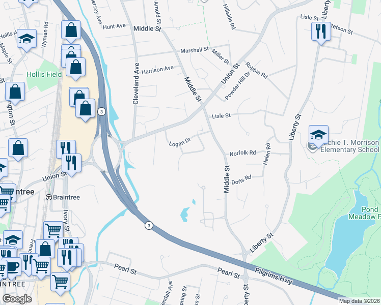 map of restaurants, bars, coffee shops, grocery stores, and more near Kensington Street in Braintree
