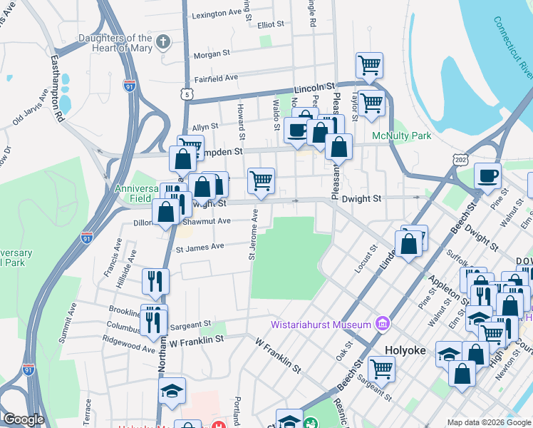 map of restaurants, bars, coffee shops, grocery stores, and more near 15 Monroe Street in Holyoke