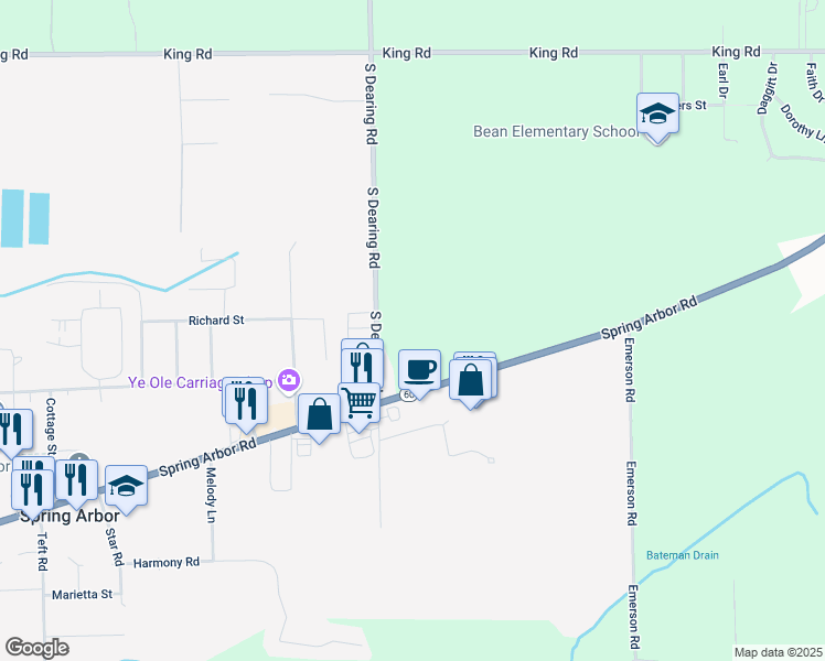 map of restaurants, bars, coffee shops, grocery stores, and more near 3401 South Dearing Road in Spring Arbor