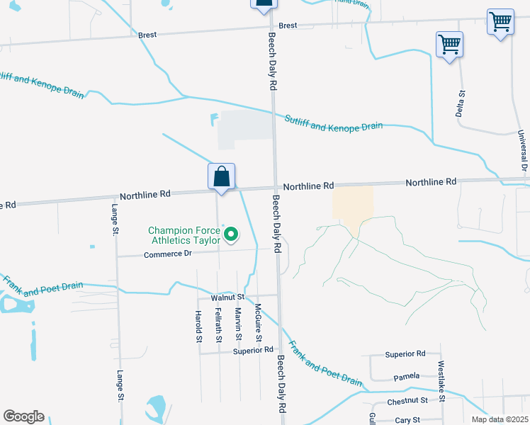 map of restaurants, bars, coffee shops, grocery stores, and more near 13114 Beech Daly Road in Taylor
