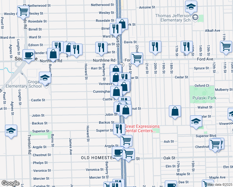 map of restaurants, bars, coffee shops, grocery stores, and more near 13430 Fort Street in Southgate