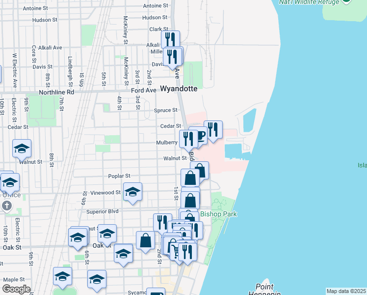 map of restaurants, bars, coffee shops, grocery stores, and more near 2300 Biddle Avenue in Wyandotte