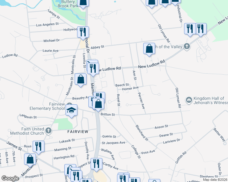 map of restaurants, bars, coffee shops, grocery stores, and more near 40 Royal Street in Chicopee