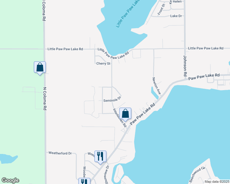 map of restaurants, bars, coffee shops, grocery stores, and more near 5420 Interlochen Road in Coloma