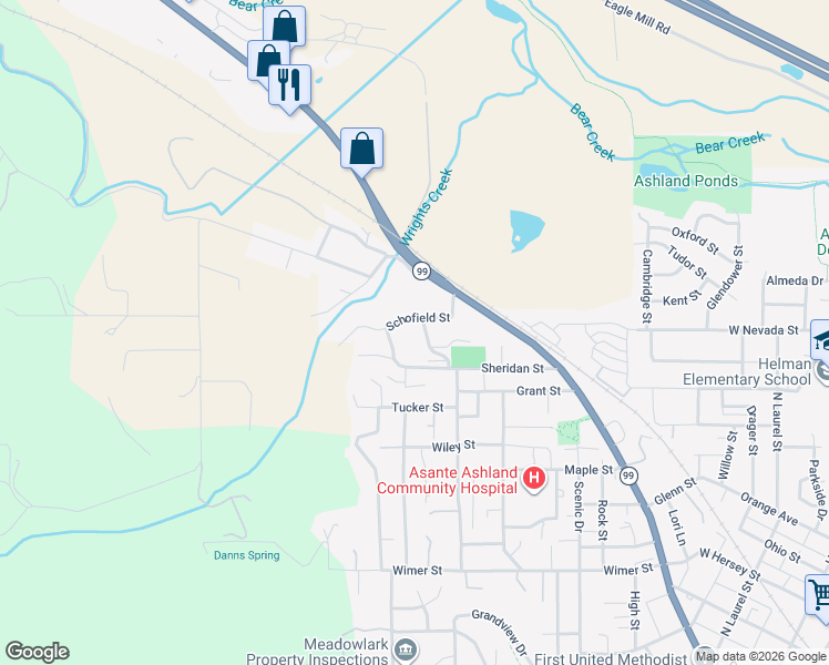 map of restaurants, bars, coffee shops, grocery stores, and more near 460 Schofield Street in Ashland