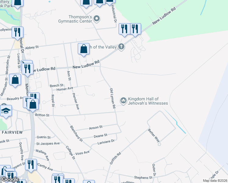 map of restaurants, bars, coffee shops, grocery stores, and more near 157 Old Lyman Road in Chicopee