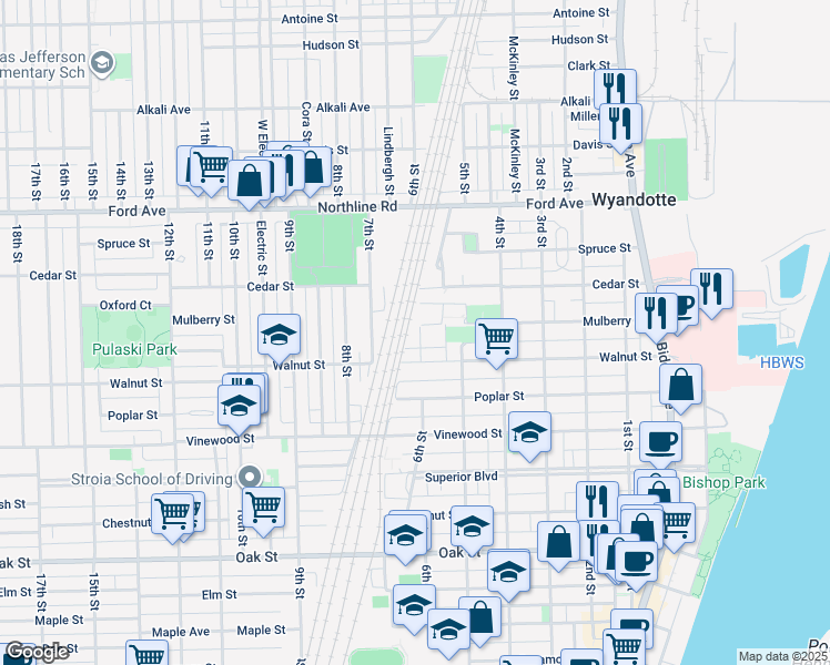 map of restaurants, bars, coffee shops, grocery stores, and more near 2362 6th Street in Wyandotte