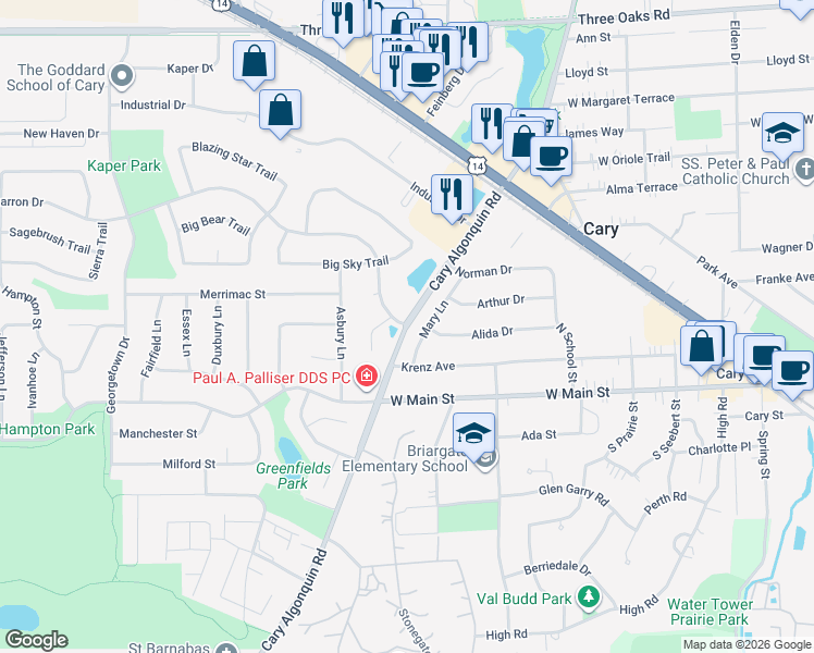 map of restaurants, bars, coffee shops, grocery stores, and more near 395 Cary Algonquin Road in Cary