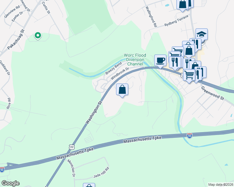 map of restaurants, bars, coffee shops, grocery stores, and more near 131 Washington Street in Auburn