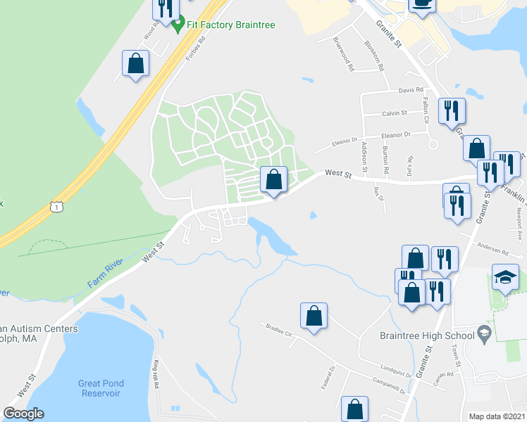 map of restaurants, bars, coffee shops, grocery stores, and more near 686 West Street in Braintree