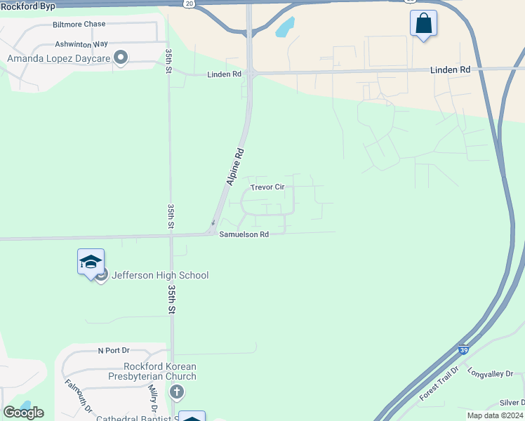 map of restaurants, bars, coffee shops, grocery stores, and more near 4544 Governor's Drive in Rockford
