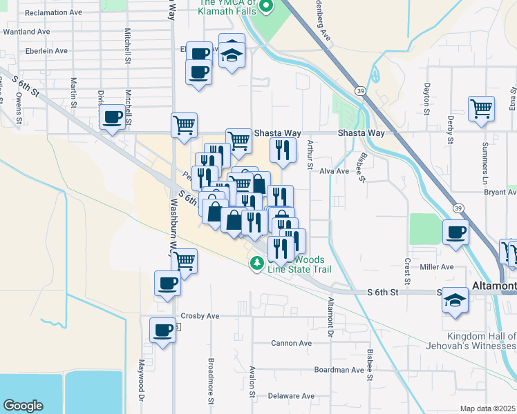 map of restaurants, bars, coffee shops, grocery stores, and more near 1920 Austin Street in Klamath Falls
