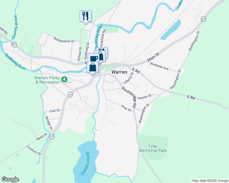 map of restaurants, bars, coffee shops, grocery stores, and more near 44 Nelson Street in West Brookfield