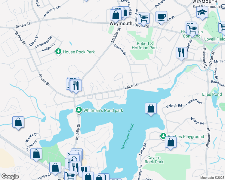 map of restaurants, bars, coffee shops, grocery stores, and more near 108 Memorial Drive in Weymouth