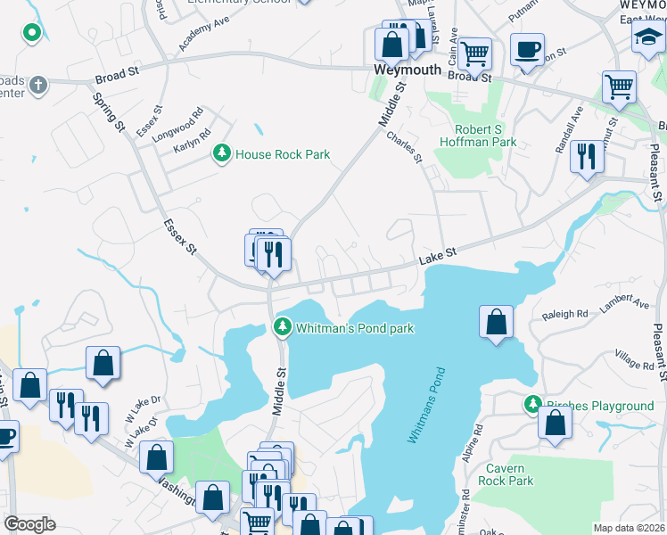 map of restaurants, bars, coffee shops, grocery stores, and more near 285 Lake Street in Weymouth