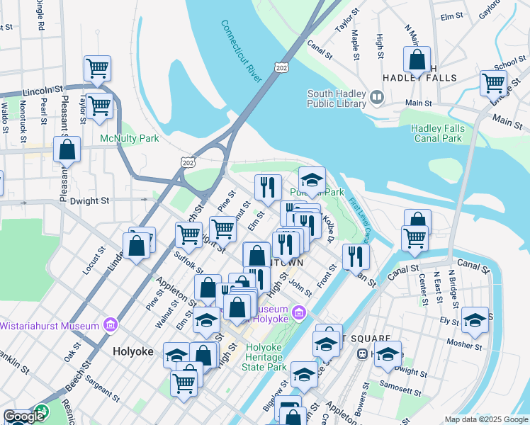map of restaurants, bars, coffee shops, grocery stores, and more near 57 Chestnut Street in Holyoke