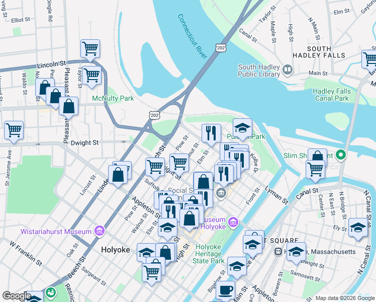 map of restaurants, bars, coffee shops, grocery stores, and more near 93 Walnut Street in Holyoke