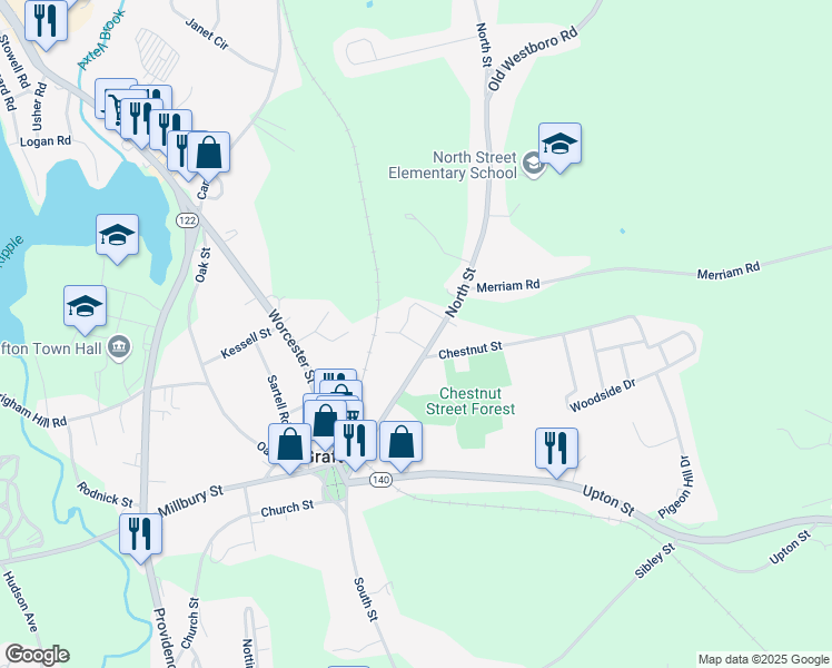 map of restaurants, bars, coffee shops, grocery stores, and more near 29 North Street in Grafton