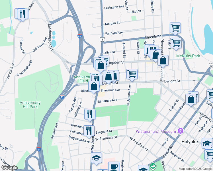 map of restaurants, bars, coffee shops, grocery stores, and more near 62 Shawmut Avenue in Holyoke