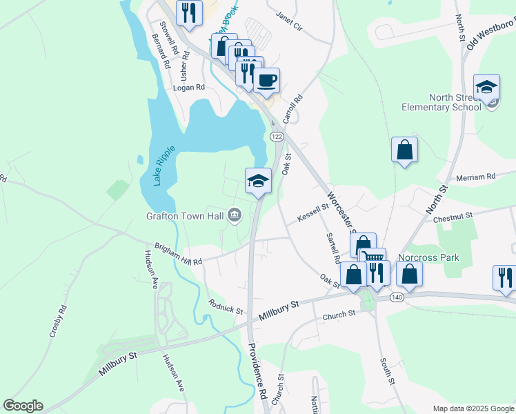 map of restaurants, bars, coffee shops, grocery stores, and more near 24 Providence Road in Grafton