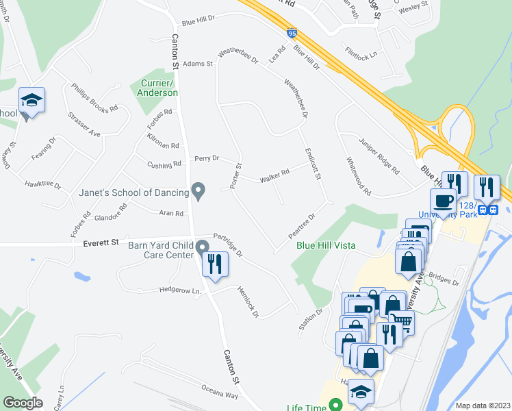 map of restaurants, bars, coffee shops, grocery stores, and more near 160 Porter Street in Westwood
