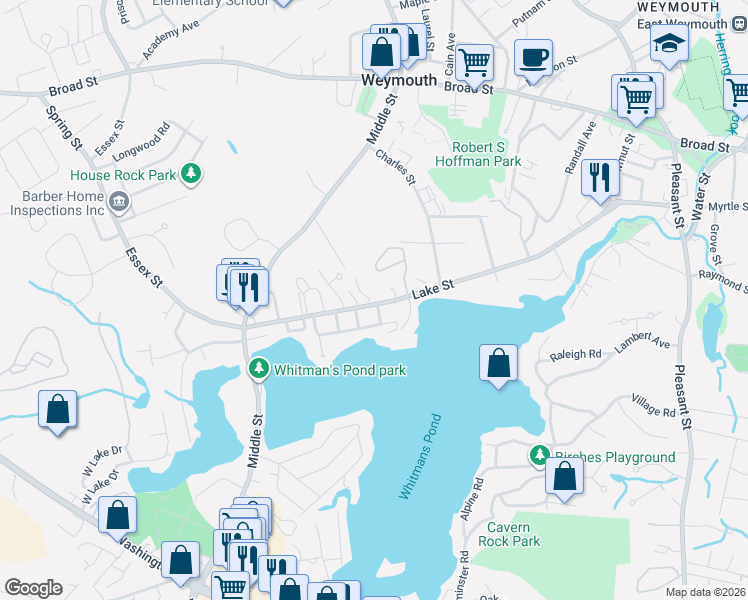 map of restaurants, bars, coffee shops, grocery stores, and more near 233 Lake Street in Weymouth