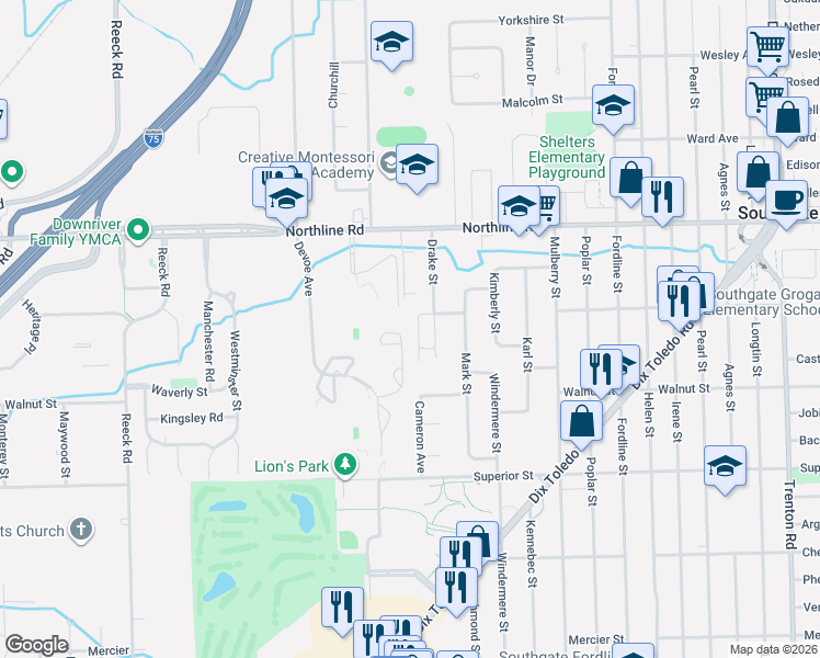 map of restaurants, bars, coffee shops, grocery stores, and more near 13444 Shire Lane in Southgate