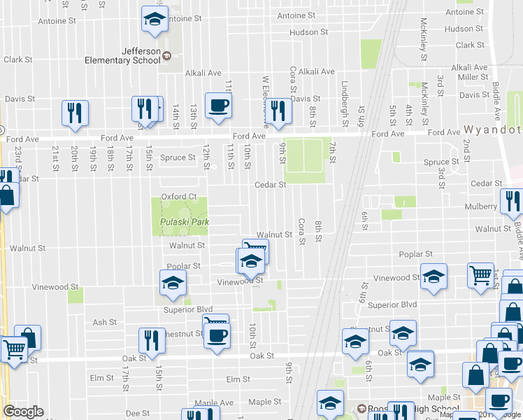 map of restaurants, bars, coffee shops, grocery stores, and more near 2316 Electric Street in Wyandotte