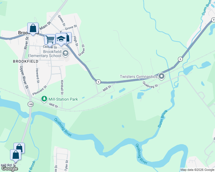 map of restaurants, bars, coffee shops, grocery stores, and more near 2 Mill Street in Brookfield