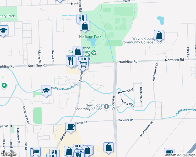 map of restaurants, bars, coffee shops, grocery stores, and more near 22387 Century Drive in Taylor