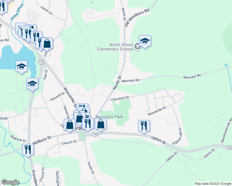 map of restaurants, bars, coffee shops, grocery stores, and more near 6 Chestnut Street in Grafton