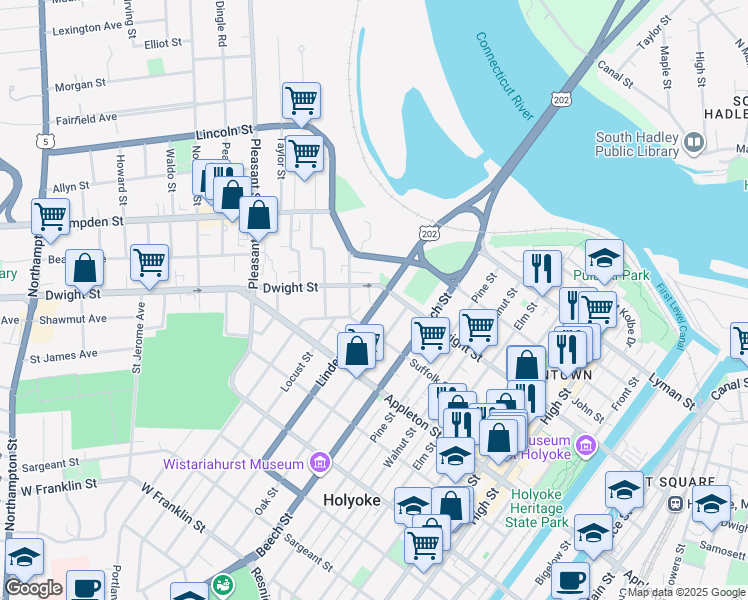 map of restaurants, bars, coffee shops, grocery stores, and more near 68 Linden Street in Holyoke