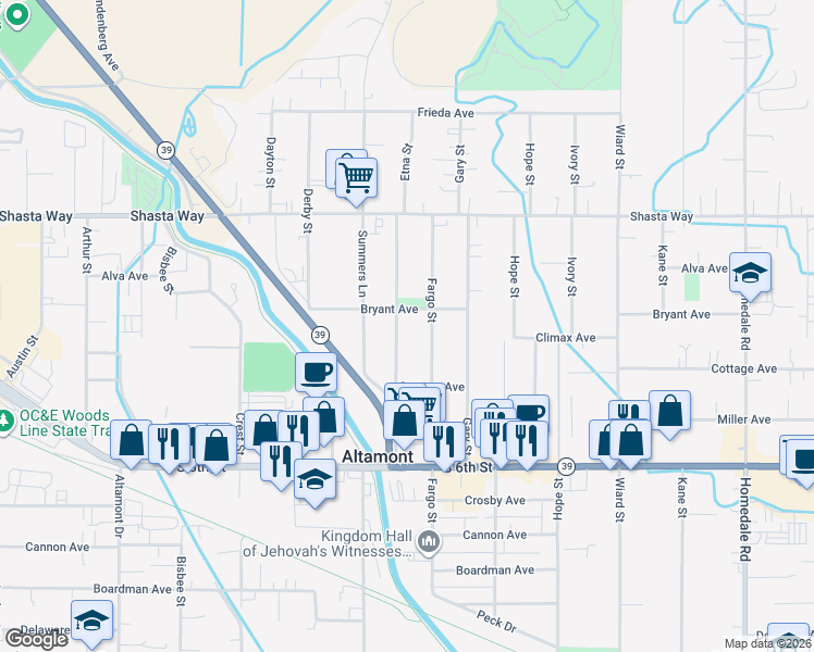 map of restaurants, bars, coffee shops, grocery stores, and more near 2006 Fargo Street in Klamath Falls