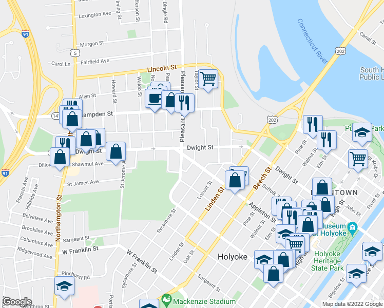 map of restaurants, bars, coffee shops, grocery stores, and more near 1120 Dwight Street in Holyoke