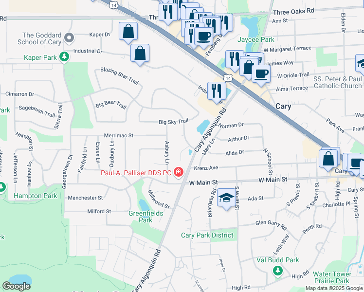 map of restaurants, bars, coffee shops, grocery stores, and more near 24 Day Break Ridge Trail in Cary