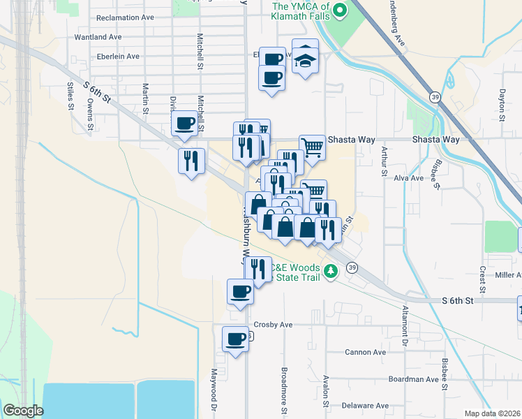 map of restaurants, bars, coffee shops, grocery stores, and more near 2718 South 6th Street in Klamath Falls