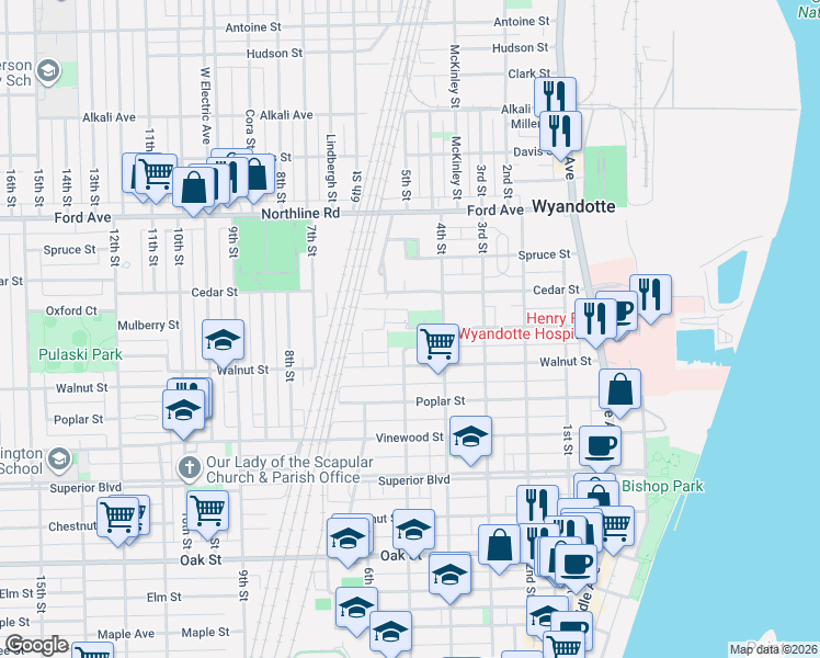 map of restaurants, bars, coffee shops, grocery stores, and more near 525 Mulberry St in Wyandotte