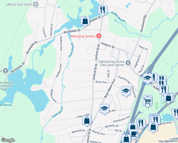 map of restaurants, bars, coffee shops, grocery stores, and more near 12 Walnut Street in Auburn